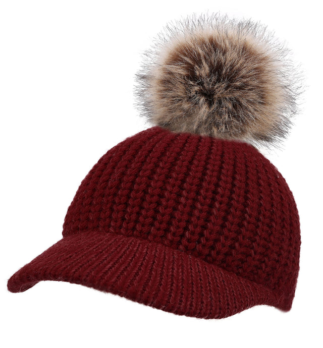 Arctic Paw Junior Cable Knit Beanie with Faux Fur Pompom and Brim Shade