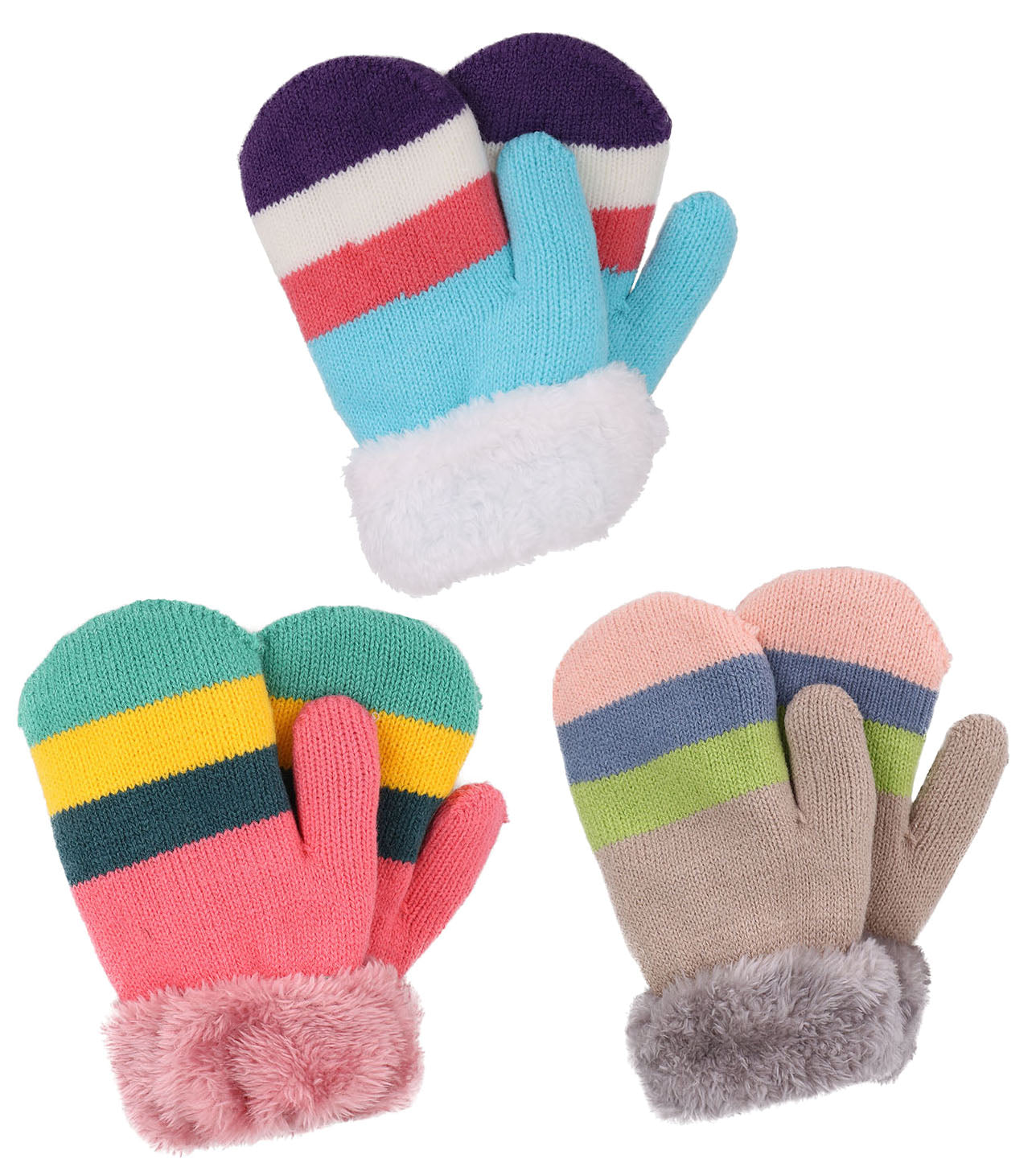 Arctic Paw 3 Pairs Kids' Sherpa Lined Knit Mittens Boys Girls Winter Gloves