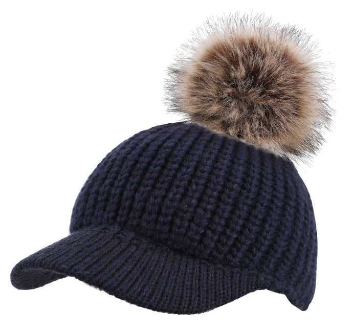 Arctic Paw Junior Cable Knit Beanie with Faux Fur Pompom and Brim Shade
