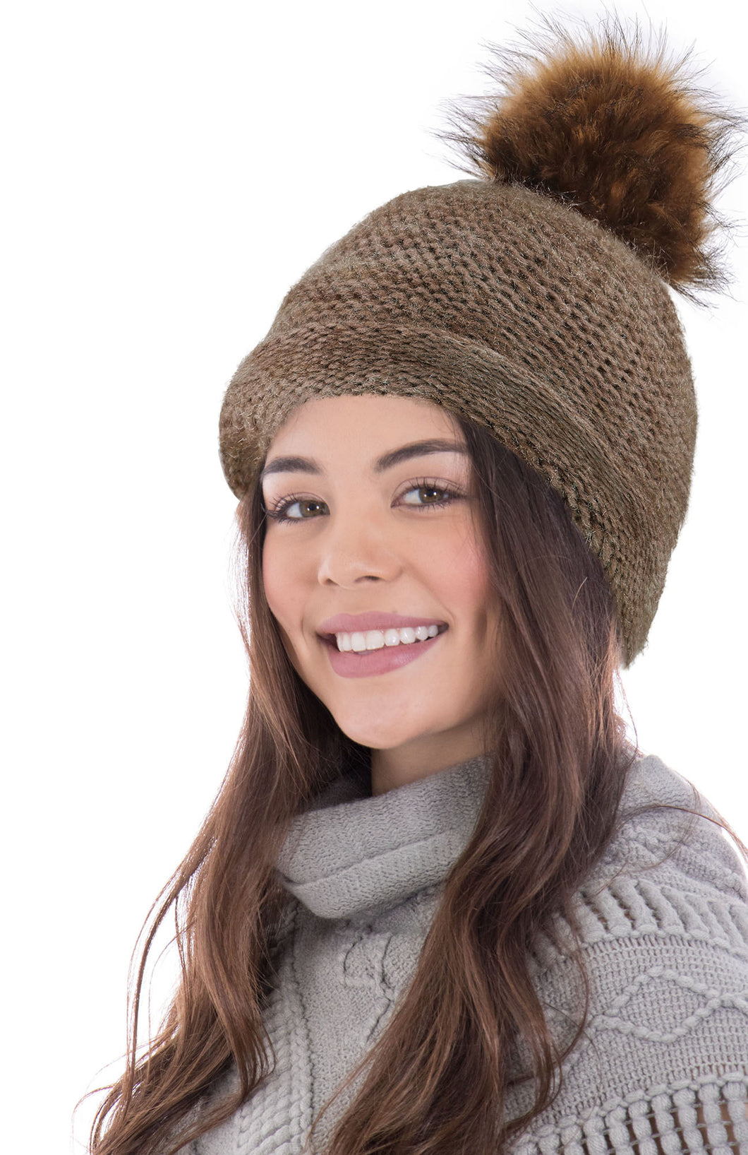 Arctic Paw Heathered Multicolor Knit Beanie with Faux Fur Pompom