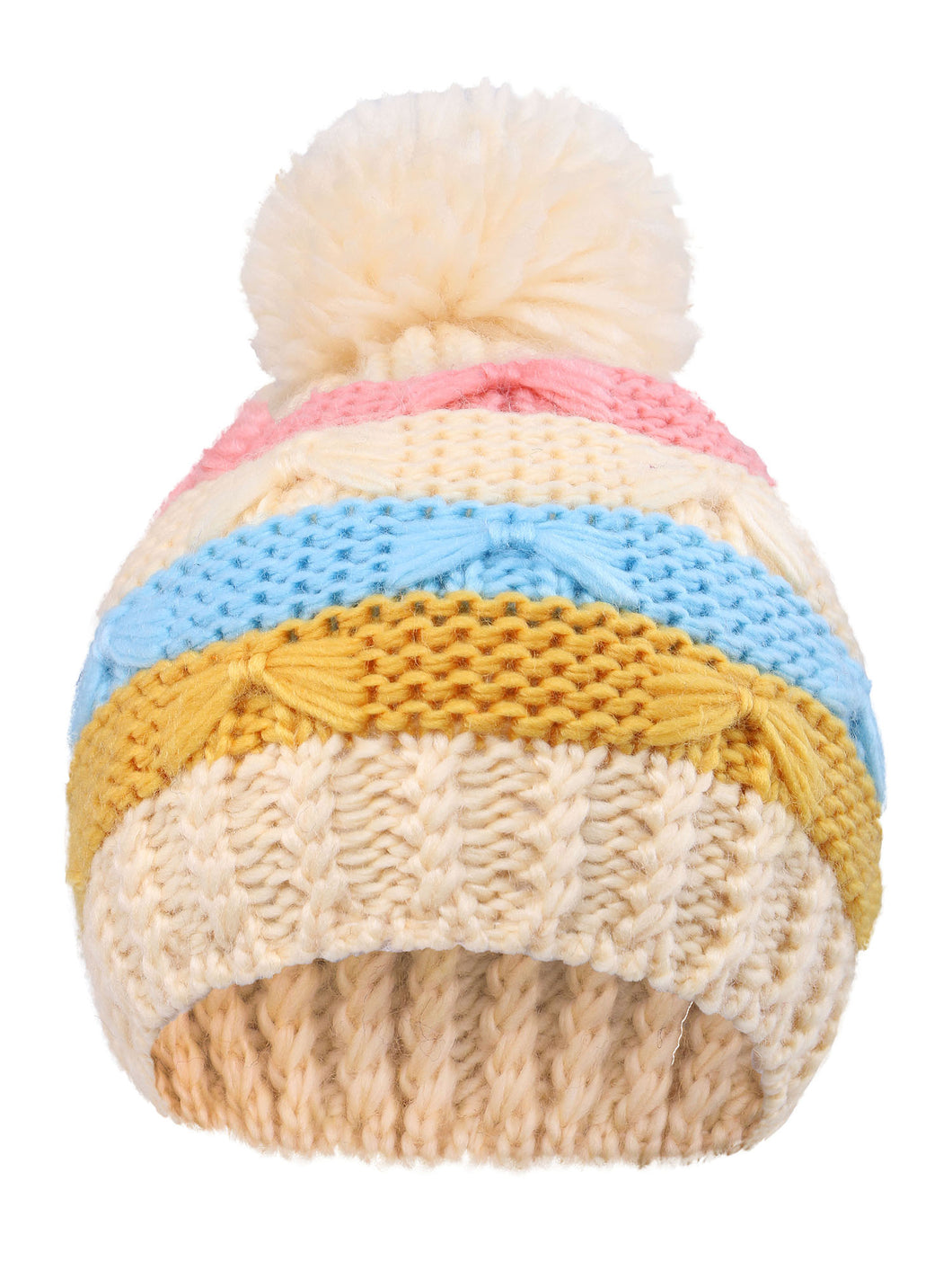 Arctic Paw Kids' Super Chunky Striped Knit Beanie with Yarn Pompom Hat, Cream Striped