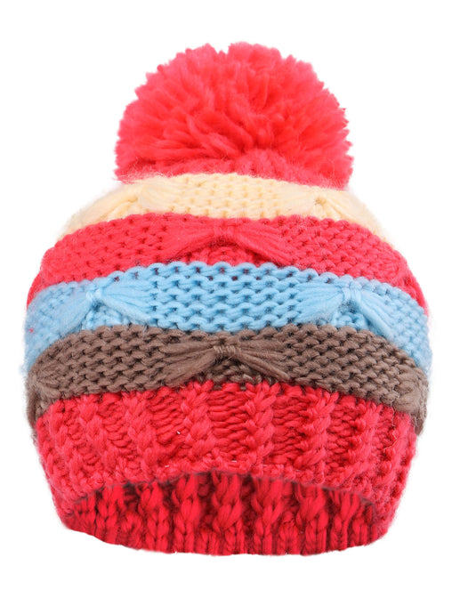 Arctic Paw Kids' Super Chunky Striped Knit Beanie with Yarn Pompom Hat, Red Striped