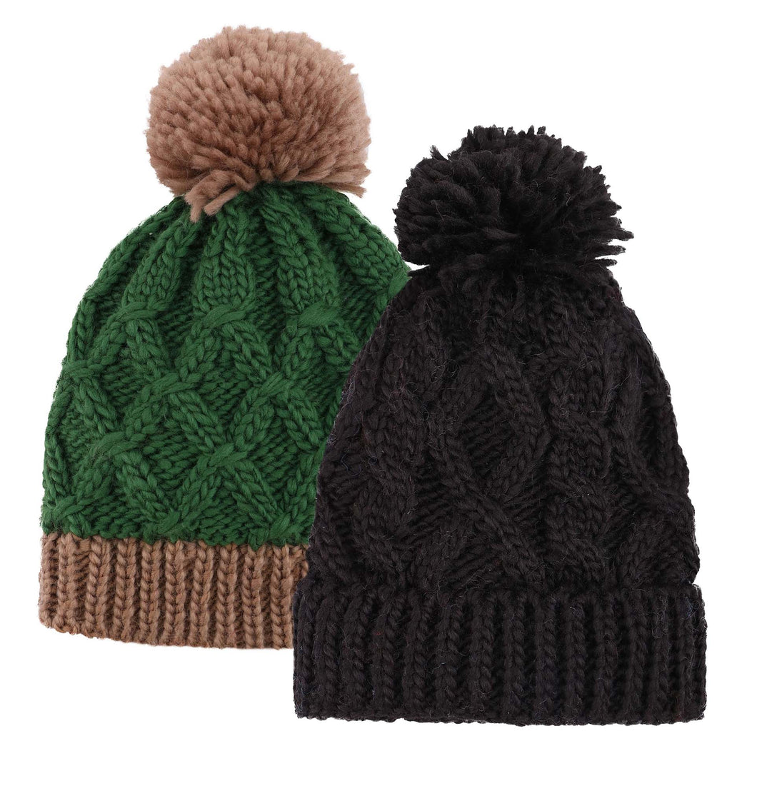ARCTIC PAW Kids Chunky Cable Knit Beanie Winter Hat Ski Cap, Green/Black