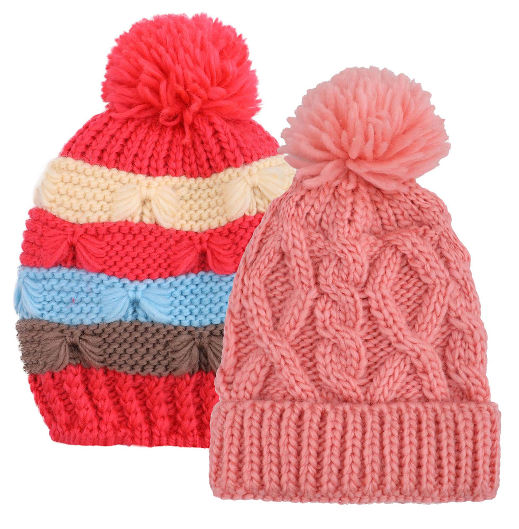 ARCTIC PAW Kids Chunky Cable Knit Beanie Winter Hat Ski Cap, Pink/Red Stripe