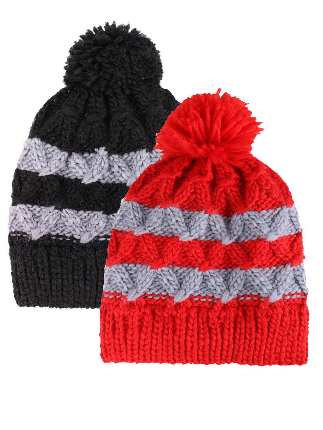 ARCTIC PAW Kids Chunky Cable Knit Beanie Winter Hat Ski Cap, Red Stripe/Black Stripe