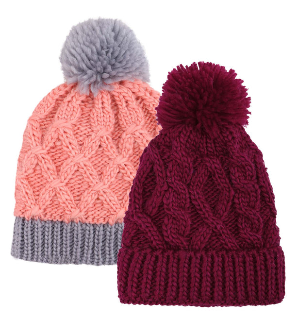 ARCTIC PAW Kids Chunky Cable Knit Beanie Winter Hat Ski Cap, Burgundy/Pink