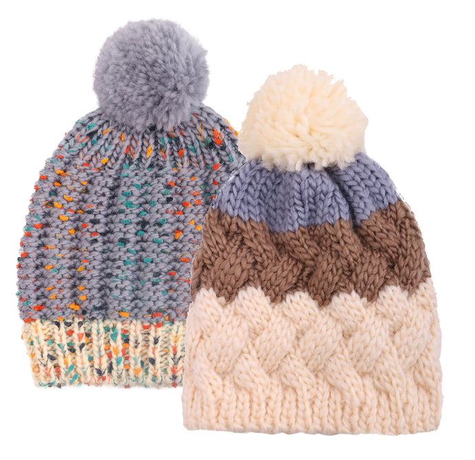 ARCTIC PAW Kids Chunky Cable Knit Beanie Winter Hat Ski Cap, Cream Stripe/Grey